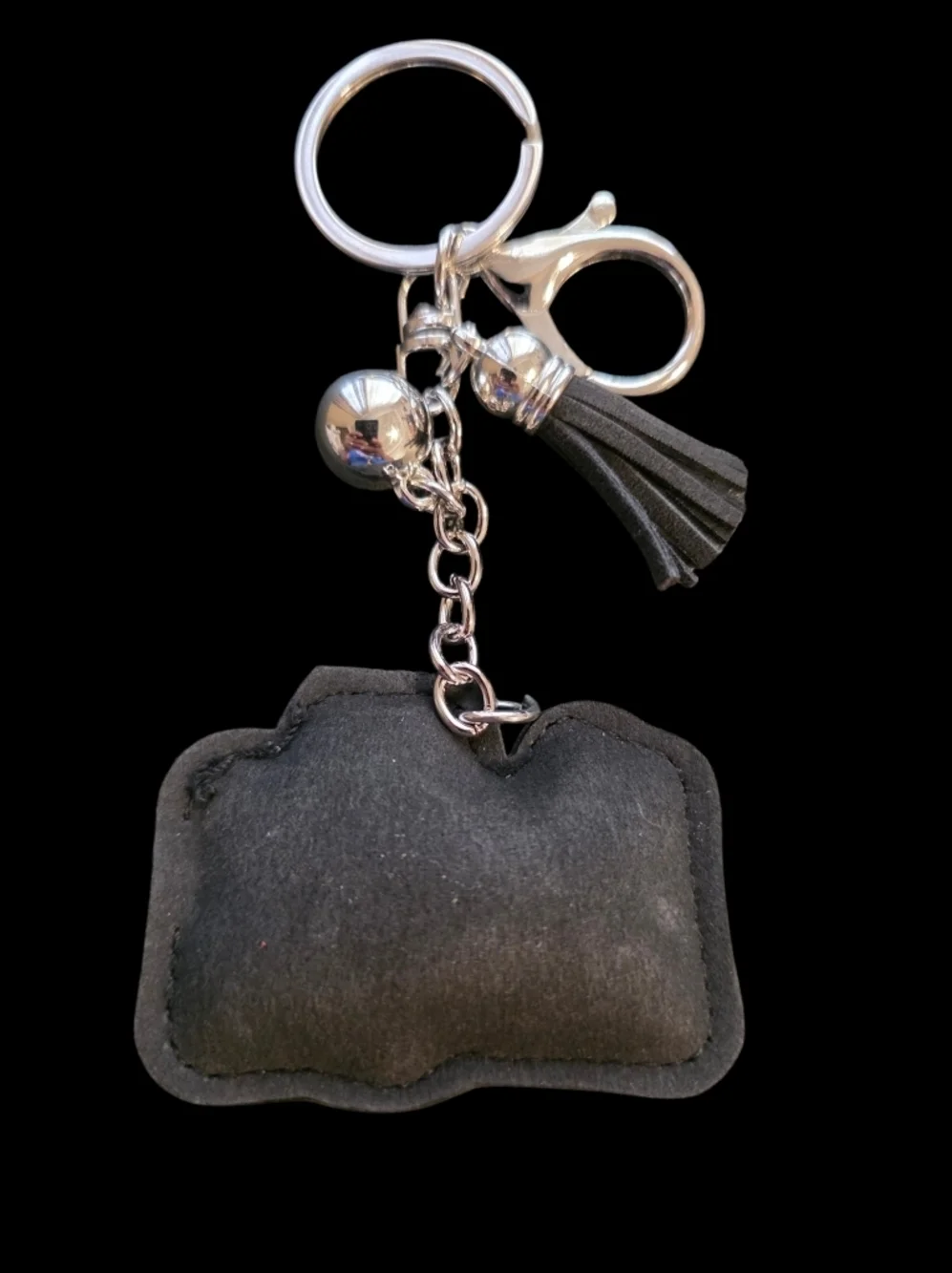 Rhinestone Camera Bag Charm Keychain with Tassel - Black & Silver